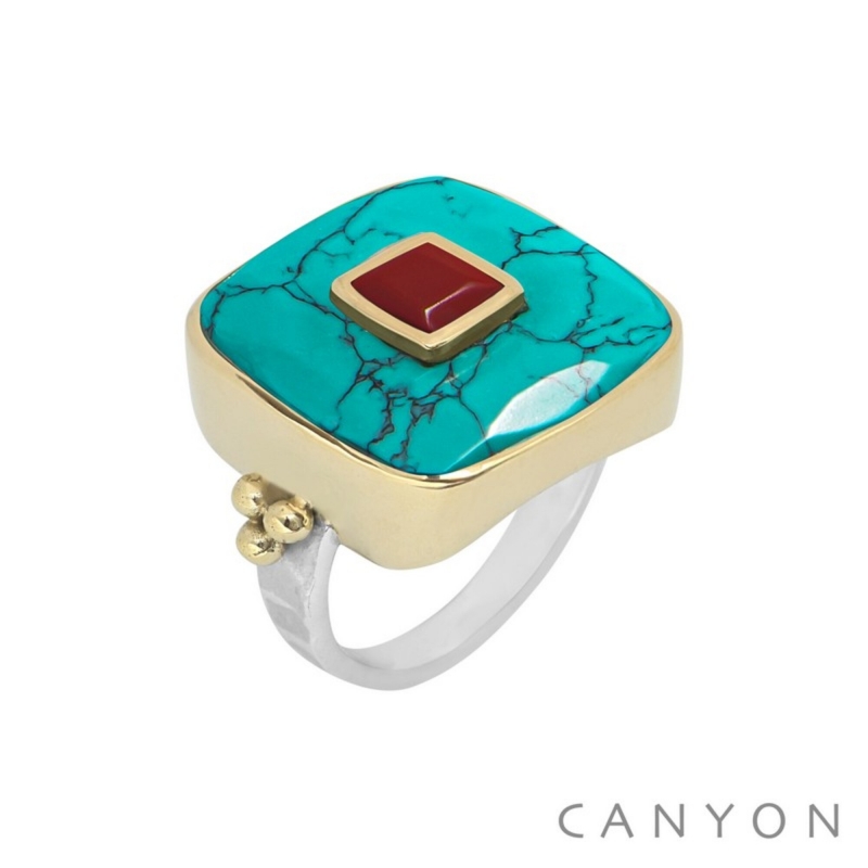 Bague Carré turquoise et rouge